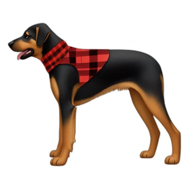 75% Coonhound 25% German Shepherd mix dog wearing small pointed red buffalo plaid bandana pointing down side view full body facing left sticker