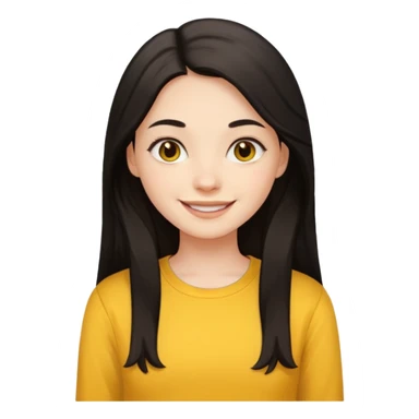 girl using her laptop, long dark hair with no part, white skin and yellow shirt long sleeves, smiling sticker