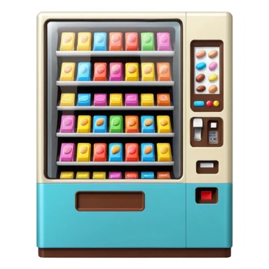 small snack vending machine emoji in Apple style, visible candies and chocolate bars, friendly and inviting sticker