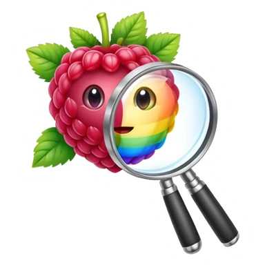 a raspberry holds a rainbow colored magnifier with its budding from handle of magnifier sticker