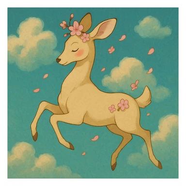 feminine adult vanilla cloud doe with rosy cheeks and cherry flowers, floating gracefully in a dreamy Ghibli-Pixar style sticker