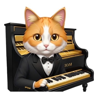 calico cat play gold piano, wear black suit, portrait sticker