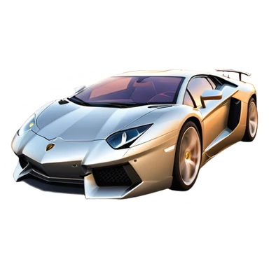 Lamborghini Aventador speeding down Sunset Avenue at dusk, headlights blazing. The sky glows in warm sunset hues, reflecting off the sleek car. Motion blur emphasizes speed, with palm trees and city lights in the background. Transparent background. sticker