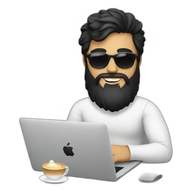 Designer with black hair, beard and round sunglasses working with MacBook and drinking cappuccino  sticker