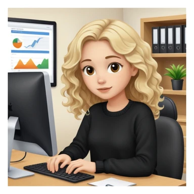 pretty brown-eyed blonde young woman with wavy hair, wearing a black sweater, working on a computer in a cozy office sticker