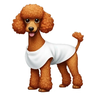 Red poodle in a white dress with a small dinosaur  sticker
