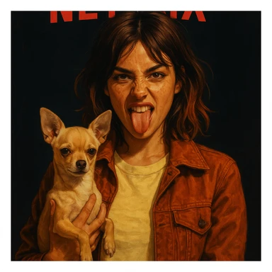 Rebellious and playful woman with tanned skin, freckles, pale yellow shirt #FFF8CA, rust jacket, medium-length brown auburn hair, holding a beige-brown chihuahua, Netflix poster style, dark background. sticker