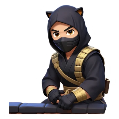 clash-of-clans-aesthetic_-cinematic-mysterious-male-ninja-portrait-emoji, rendered in a flat, vector-style with minimal shading and bold, simplified shapes, with a head slightly turned revealing intense, focused eyes, perched crouched next to an agile trained panther tiger with glossy fur moving silently through shadowed urban rooftops and moonlit alleyways. sticker