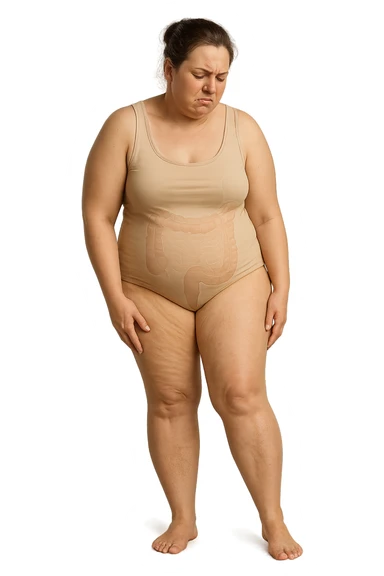 DONNA REALISTICA A FIGURA INTERA CON CELLULITE E GAMBE PESANTI E DOLORANTI, INTESTINO ANATOMICO IN EVIDENZA, CELLULITE VISIBILE, SI TOCCA LA GAMBA CON ESPRESSIONE DI FASTIDIO IN VOLTO, IPERREALISTICA 4K sticker