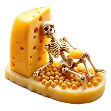 Ethereal pieces of aged cheese, golden egg yolk, and natto floating around a translucent glowing skeleton. Fine rays of golden light flow from the foods to the bones, where small locks open upon contact, guiding calcium like precision keys that prevent accumulation in arteries. sticker