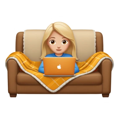 A white girl lies on a sofa under a blanket with a laptop sticker