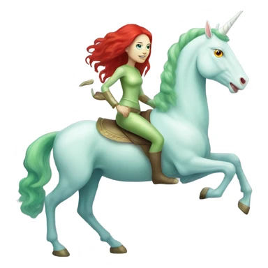 [politically incorrect
	{ woman: alien, color: light green, hair:red, eyes:cat} ]
	on a 
	[{ unicorn: white, legged:four, mane: light blue }] sticker