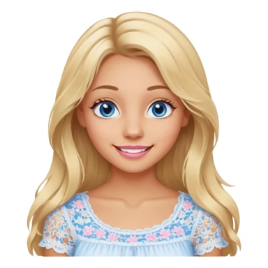 create an emoji of a young woman, tanned face, smile. she has an innocent natural look, messy extremely long blonde hair, blueeyes, natural soft pink lips. she wears a very loose very white lacy top sticker