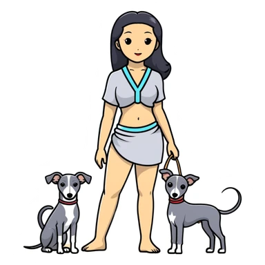 Slim Chinese woman with long black hair in beach attire at the beach with her Italian greyhound that is COMPLETELY solid grey, with absolutely NO white markings on face, snout, or anywhere else, single uniform grey color throughout entire dog body sticker
