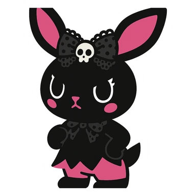 gothic bunny with black and pink colors, lace bow, small skull accessory, vibrant toon style sticker
