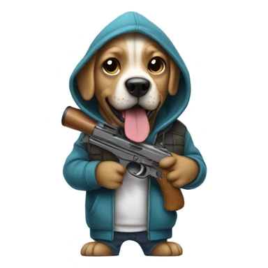 Dog wearing a hoodie holding a pew pew sticker