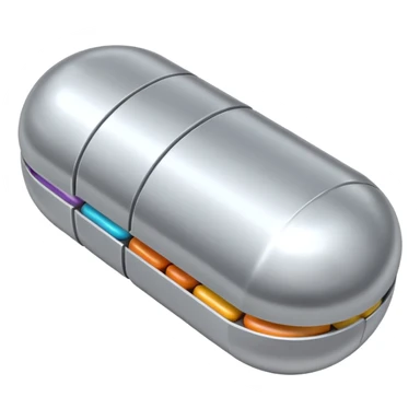 capsule pill emoji, metallic silver halves, smooth glossy finish, futuristic pharmaceutical 3D icon, isolated on white sticker