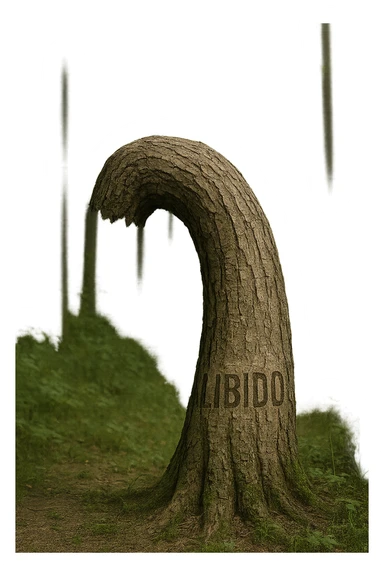 Realistic, vertical 4K illustration: a hyperrealistic tree trunk in a forest setting, noticeably bent, drooping, or wilted instead of standing upright. The bark is textured and detailed WITH THE WORD "LIBIDO" PRINTED ON IT, with subtle cracks and faded colors suggesting loss of vitality. Soft, natural light filters through the surrounding trees, casting gentle shadows. The scene is quiet and contemplative, with the trunk’s unusual, slumped posture symbolizing a decline in male libido. The background is lush and detailed, but the focus remains on the central, softened trunk, evoking a sense of vulnerability and introspection. sticker