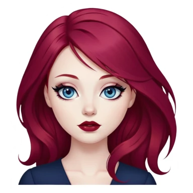 pretty baddie, wine red hair, cute lips, pale skin, long hair, dark blue eyes, bold black eyeliner sticker