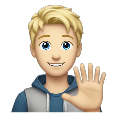 Blonde teen boy with medium short hair, blue eyes, waving hi with one hand to the camera sticker