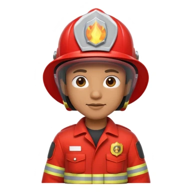 3D cartoon-style firefighter in the Apple emoji style, wearing a bright red fireproof uniform and matching helmet sticker