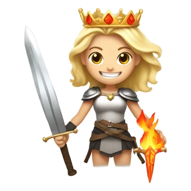 Blonde girl with a crown holding swords  with a grin and flames around her sticker