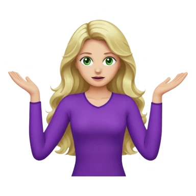 lady with long blonde wavy hair, green eyes and purple top top throwing arms in the as if confused sticker