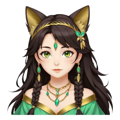 Beautiful gorgeous anime lady with beautiful dark-brown-special-hair, fashion aesthetic, ethereal, feather, accessories, gold jewelries, gold, colorful, feline ears, hazel-green eyes sticker