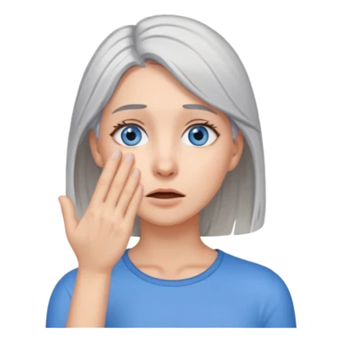 young woman with gray hair and blue eyes and 1 palm of hand covering face in exasperation sticker