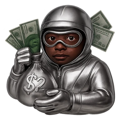 Make the face brown and the money green, keep everything else chrome in 3D metallic style, no background. sticker