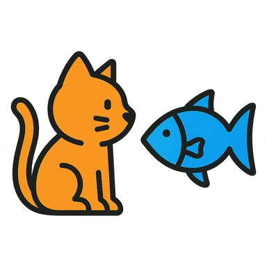 a cat and a fish facing each other, friendly, simple icon style sticker