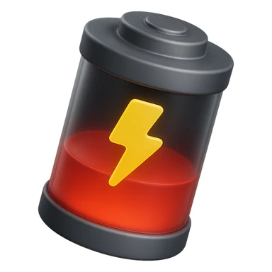 Realistic 3D cylindrical battery with half red level, inspired by the reference image, glass effect, yellow lightning symbol, transparent details, isolated on white background. sticker