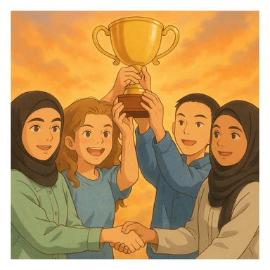 Illustration style Ghibli, four students lifting a trophy together in a warm and joyful atmosphere, soft lighting, harmonious colors, background suggesting a celebration. Faces and outfits inspired by the four provided photos. sticker