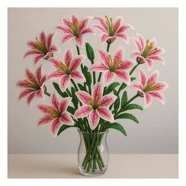 french beaded pink stargazer lilies, a dozen flowers in a clear vase, detailed beadwork, pink and white petals, lush green stems, elegant and lifelike sticker