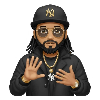 African American man with shoulder length black dreadlocks with black beard wearing black sunglasses wearing a black bubble winter coat wearing a New York Yankees baseball hat with his hands out sticker