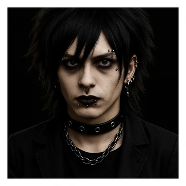 Add facial piercings including eyebrow, lip, and ear piercings to the Vkei style boy with medium long black hair, emo, shaggy hairstyle, and a dark, creepy expression. Maintain the overall dark and edgy vibe of the character. sticker