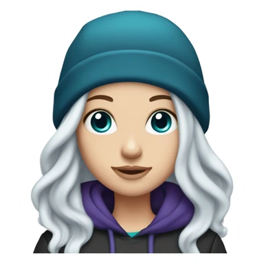 White girl, blue eyes, long teal hair, purple beanie hat, black hoodie, blue jeans, black shoes sticker