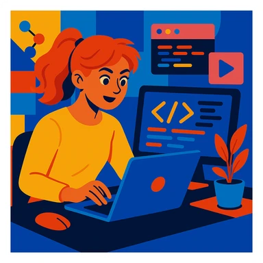 Make the web developer a female, keep the vibrant creative style, coding on laptop, modern tech environment, bright and lively colors, expressive and dynamic pose. sticker