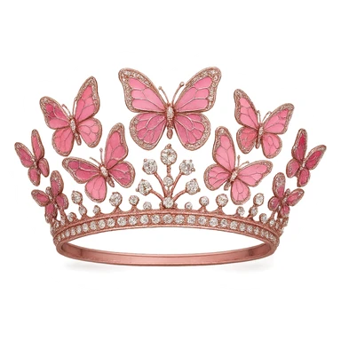 butterfly crown with a pink base, butterflies in various pink enamel shades, sparkling gems, transparent background sticker