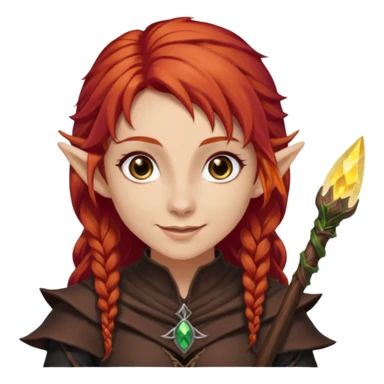 Bruxa meio elfa, ruivo forte (acobreado puxado pro castanho escuro) olhos escuros, e sorrindo 🧝🏻‍♀️ nesaa pegada desse emoji ai, e branca não muito branca tbm sticker