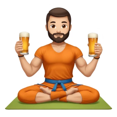 slavic muscled guy with dark brown hair and beard, sitting in yoga pose on a mat, kung fu clothes, long and volume dark hair, holding beer mugs in two hands, sitting sticker