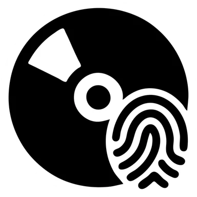 A CD disc in a black filled icon style, with a fingerprint. sticker