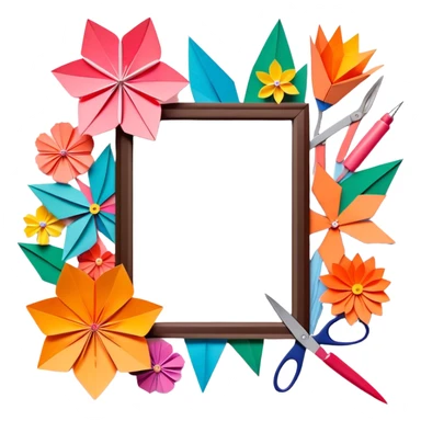 Paper crafting icon, various paper crafts like origami, 3D paper flowers, and scrapbooking materials, visible tools such as scissors, glue stick, and colour paper sheets, colorful paper patterns, minimalistic style, clean lines, transparent background. sticker