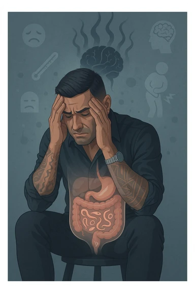 a person sits with a troubled expression, holding their head in their hands. A transparent overlay on their body reveals stylized images of parasites in the digestive tract, while faint, shadowy tendrils extend upward toward the brain, symbolizing the psychological impact. The background is clinical and educational, with subtle icons representing both physical and mental symptoms. sticker