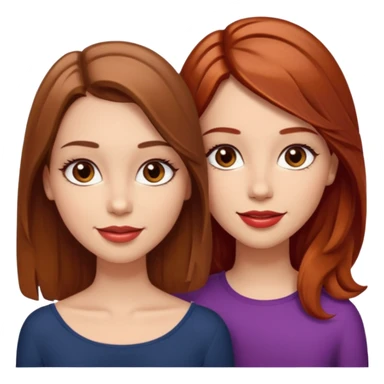 I want you to create me an emoji of two girls: one with light skin, shoulder length hair (straight and brown), brown eyes with very long eyelashes and full lips; the other girl must also have light skin, shoulder length hair (wavy and red), brown eyes and a nice smile with glossy lips sticker