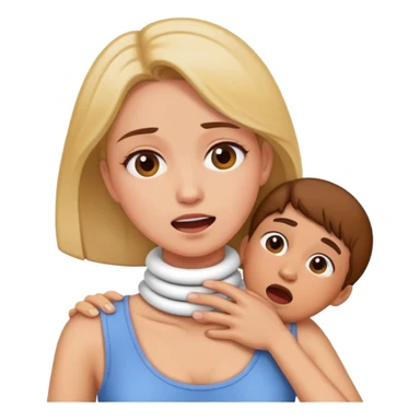 Woman holding neck while fake choking sticker