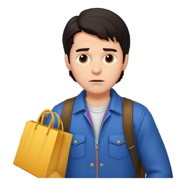 a man in 80s clothes, no mask, escaping a shop with loot, worried face, cartoon style, dark hair sticker