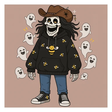 Make the skeleton laugh even more with a wide open mouth and joyful expression. Keep the bee-themed black oversized hoodie, long black ponytail, black cowboy hat with spider keychain, blue jeans, black and white tennis shoes, and small laughing ghosts around him. Preserve the overall style and background as in the original image. sticker
