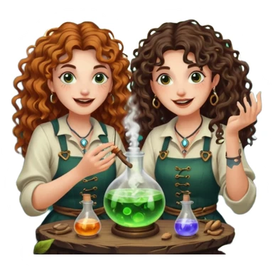 forest alchemist duo two women curly long hair tattooed and short brown mullet mixing glowing moon potion together excited faces sticker