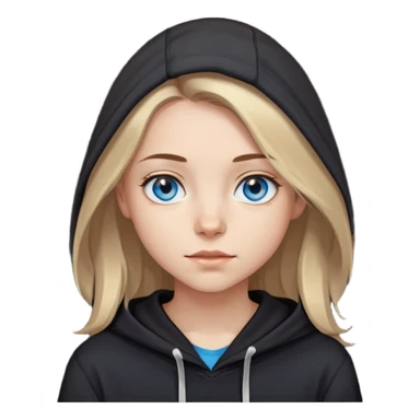 girl with blue eyes, shoulder-length brown hair with light blonde streaks, wearing a black hoodie sticker